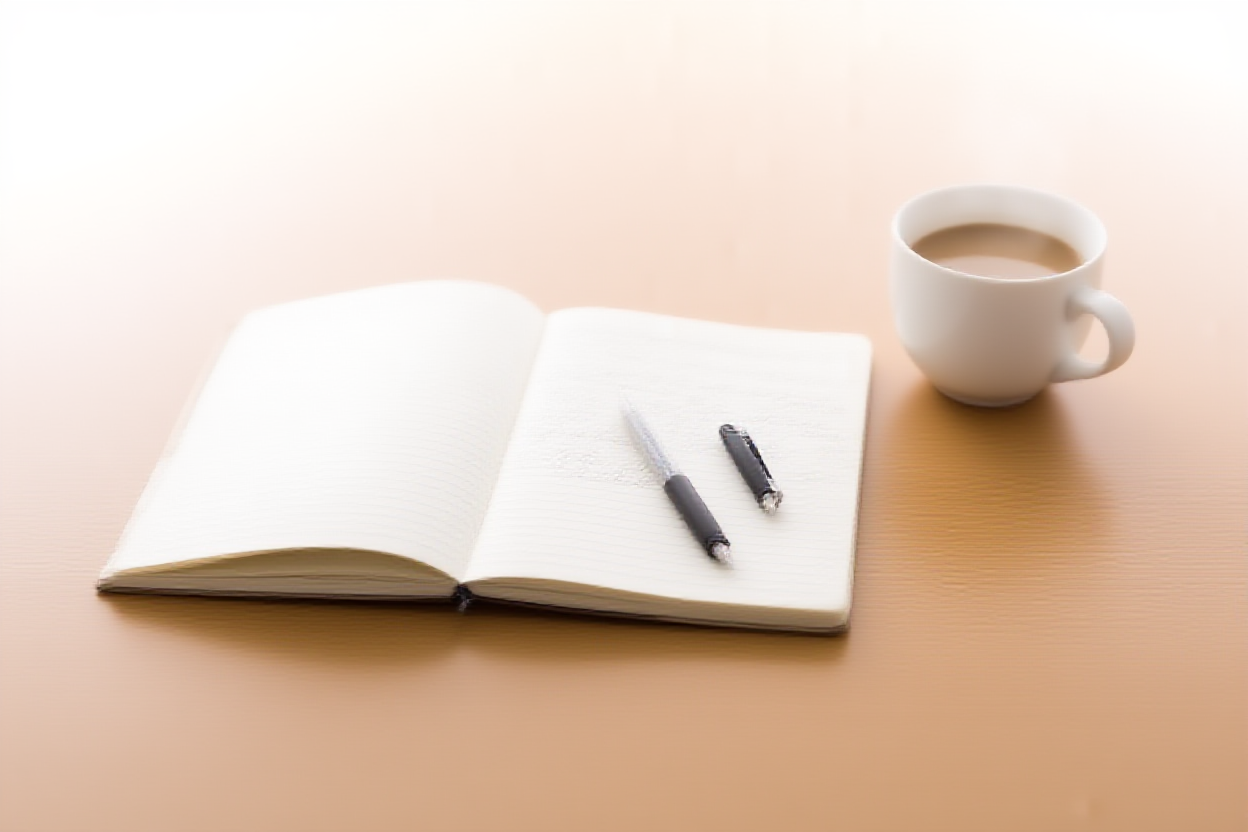 手書きのメモで満たされた開かれたノート、その上に万年筆が置かれ、整頓された木製のデスクワークスペース
