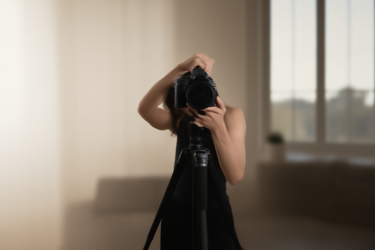 Seorang fotografer menyesuaikan cincin fokus pada kamera DSLR profesional yang dipasang di tripod di ruang tamu modern dengan l