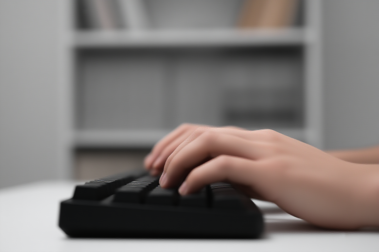 Tampilan dekat tangan mengetik pada keyboard mekanikal dengan rak kantor yang buram diisi dengan buku di latar belakang