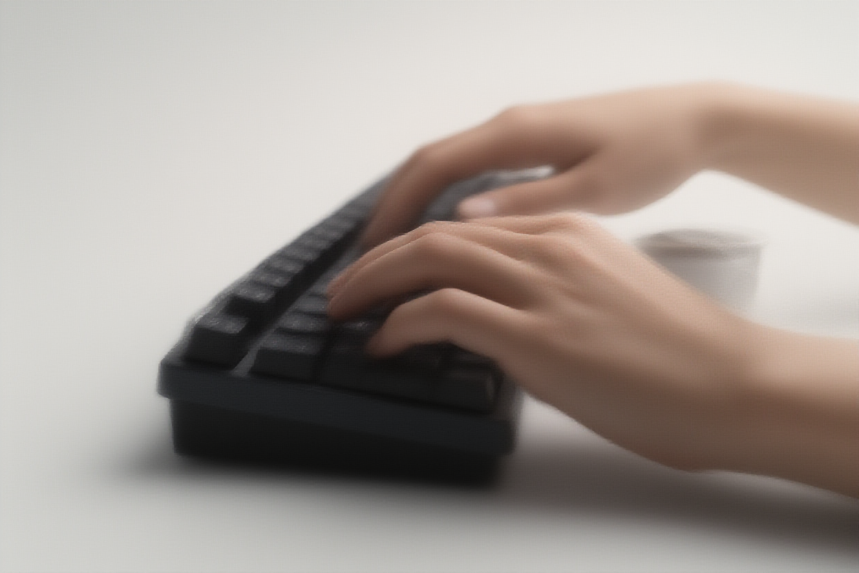 Un plan rapproché de mains tapant sur un clavier mécanique avec une tasse de café à proximité, lumière naturelle douce venant du côté h