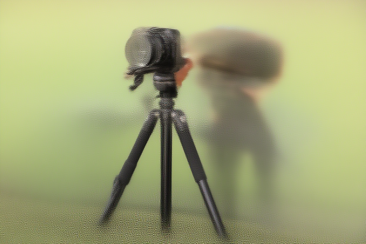 Un photographe ajustant la bague de mise au point sur un appareil photo reflex professionnel monté sur un trépied robuste dans un jardin ensoleillé