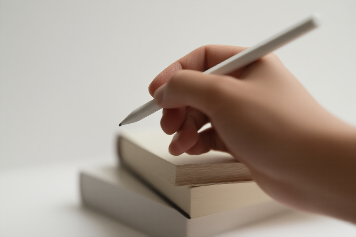 Un plan rapproché de la main d'un photographe tenant un stylet écrivant sur une tablette posée contre une pile de livres