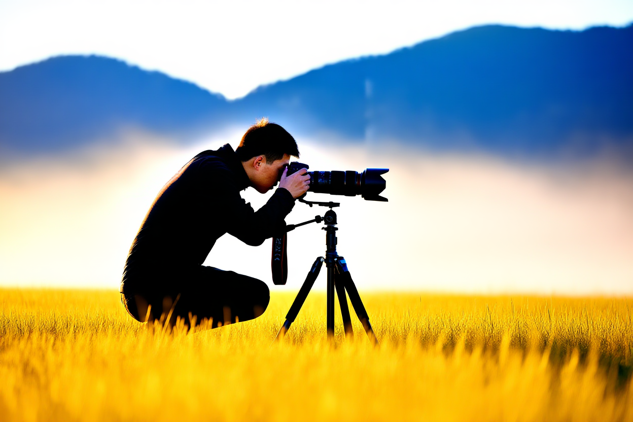 日出时分，一位摄影师跪在金黄色的草丛中调整安装在三脚架上的 DSLR 相机，远处是山脉 