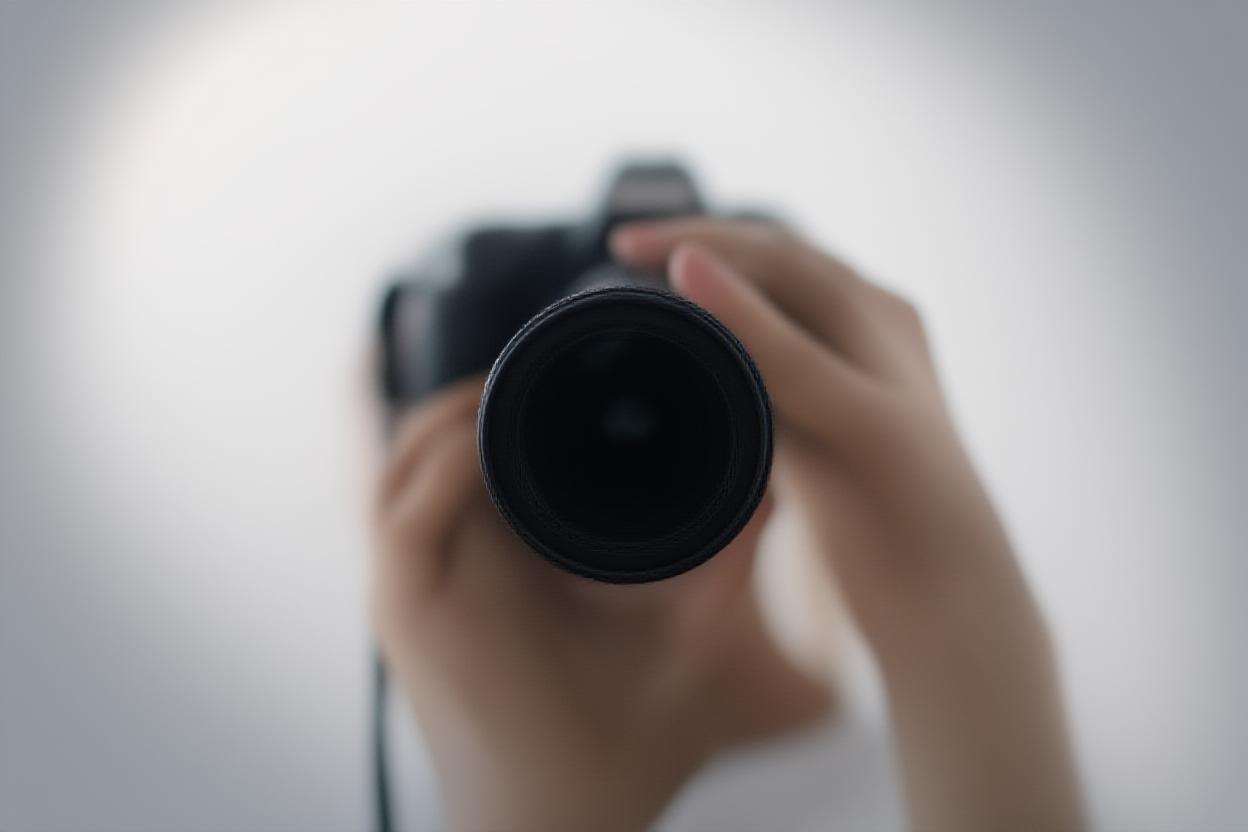 Un primo piano delle mani di un fotografo che regola attentamente l'anello di messa a fuoco sull'obiettivo di una fotocamera DSLR professionale in una stanza illuminata dal sole s