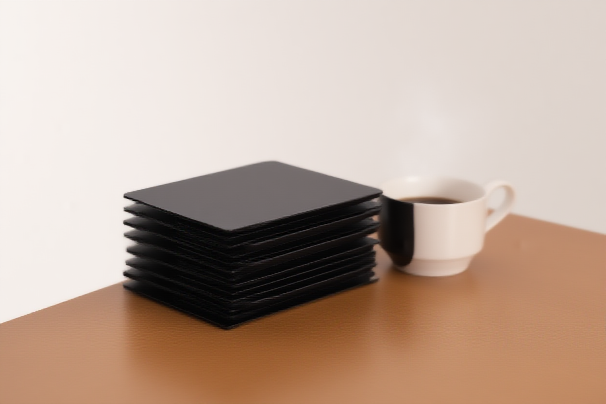 Uno spazio di lavoro ordinato con una scrivania in legno e dischi rigidi impilati in modo regolare etichettati per lo storage di backup accanto a una tazza di caffè fumante cu