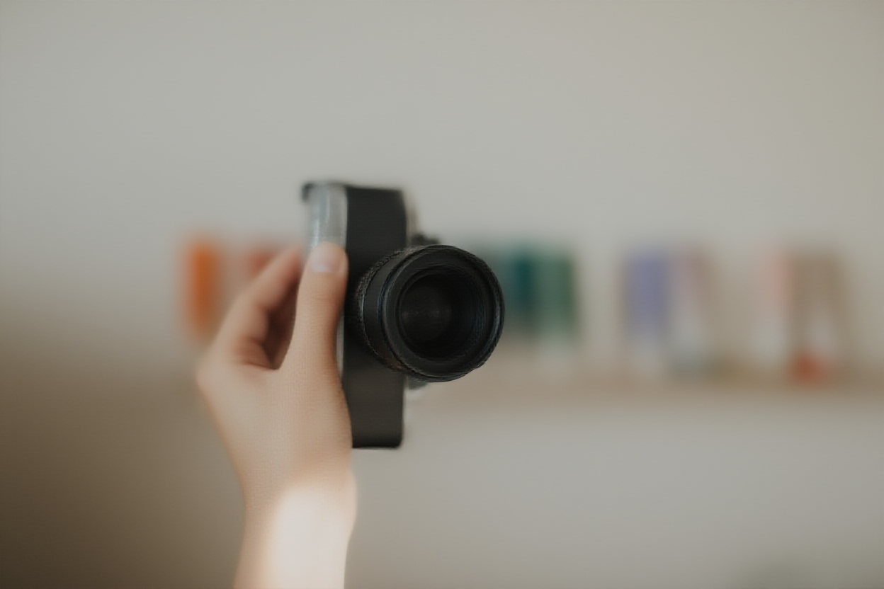 Eine Nahaufnahme der Hand eines Fotografen, die ein Vintage-Filmkameraobjektiv vor einem unscharfen Hintergrund aus bunten Gemälden hält