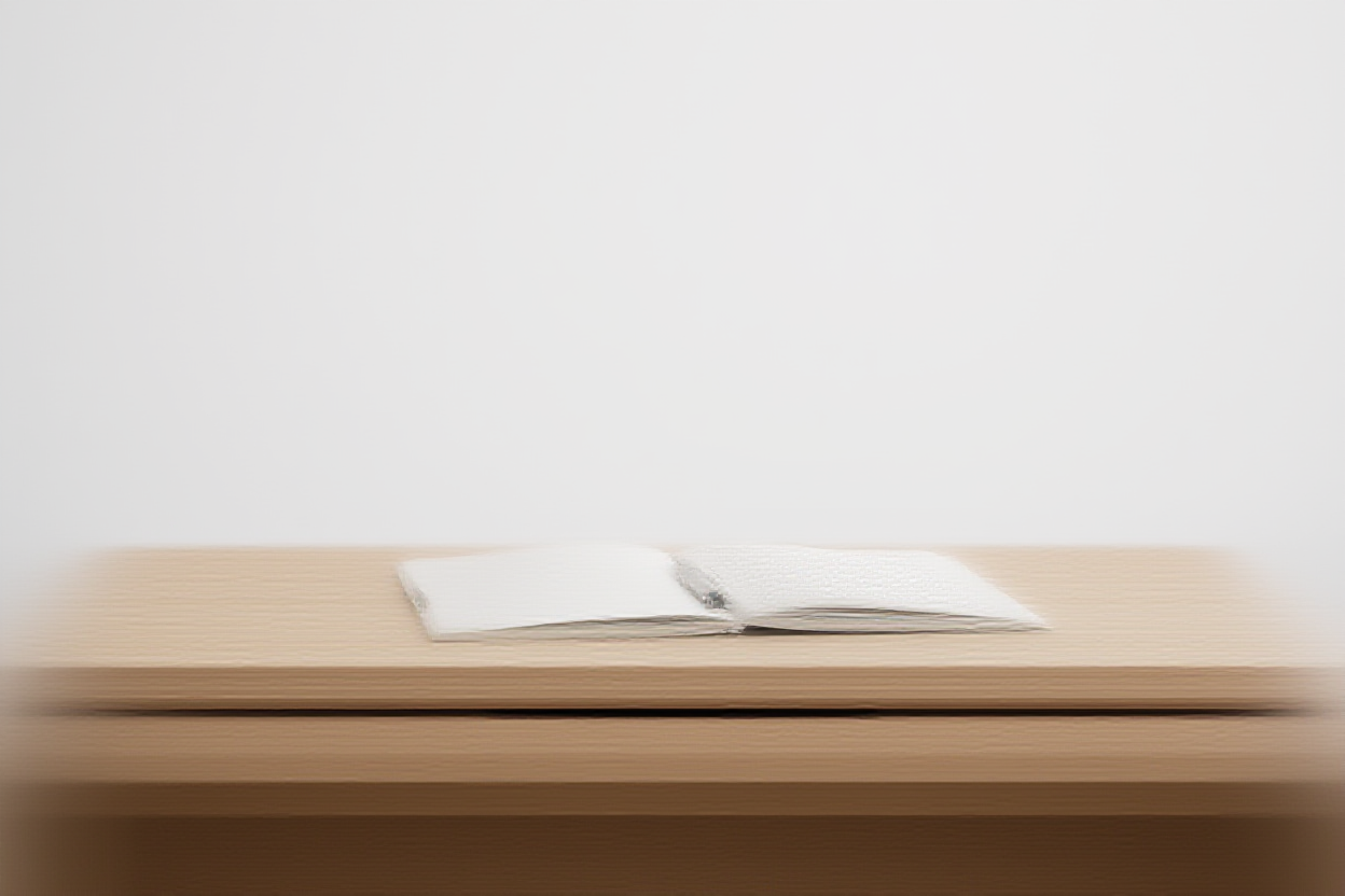 Ein aufgeräumter Arbeitsplatz mit einem Holztisch, auf dem ein Notizbuch offen zu handschriftlichen Notizen liegt und ein Stift in der Nähe unter sanftem Licht ruht