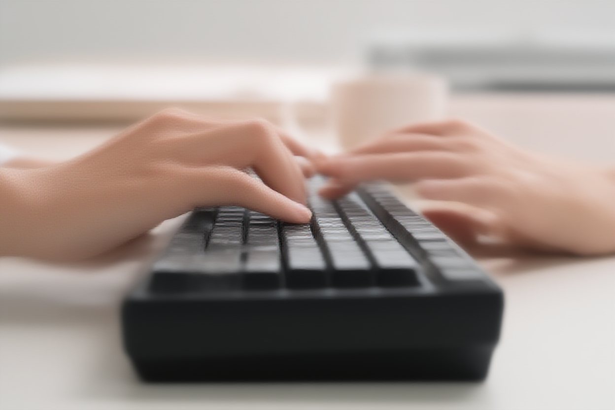 Eine Nahaufnahme von Händen, die auf einer mechanischen Tastatur tippen neben dampfender Tasse Kaffee mit unscharfem Bürohintergrund