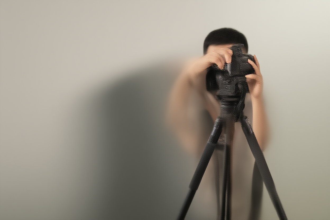 Ein professioneller Fotograf, der Einstellungen an einer DSLR-Kamera auf einem Stativ in einer Außengartenumgebung justiert