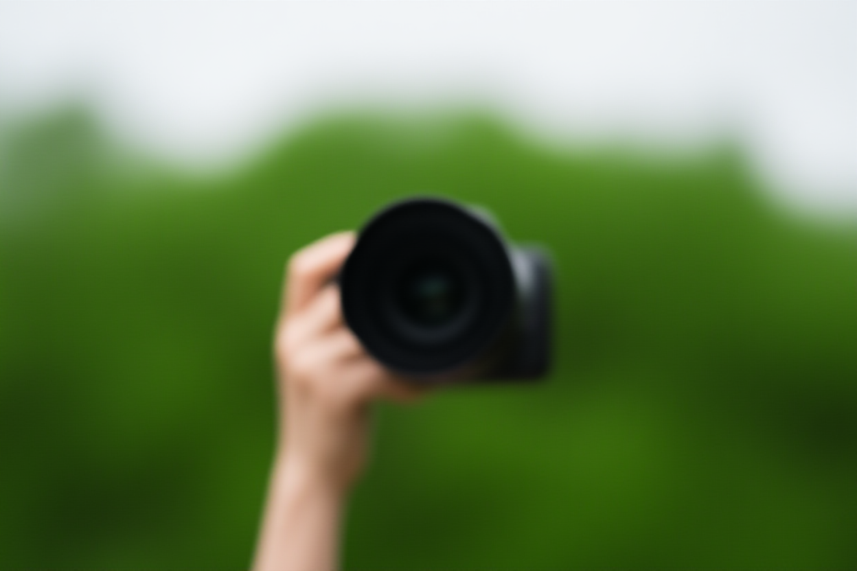 Die Hand eines Fotografen, die ein professionelles Kameraobjektiv anpasst, vor einem unscharfen Hintergrund aus grünem Laub in einem Park.
