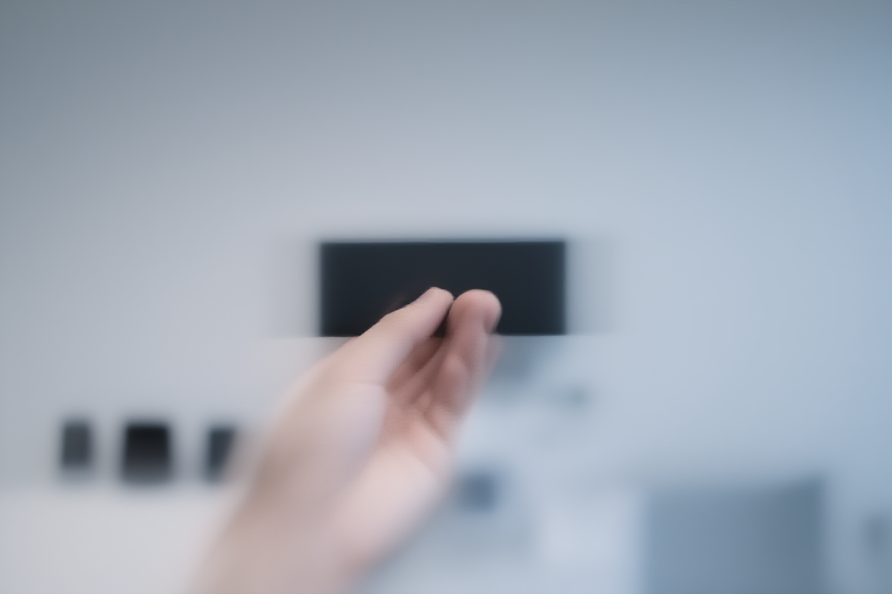 Eine Nahaufnahme einer Hand, die ein Smartphone hält, das eine Fotogalerie anzeigt, mit weichem Fokus-Hintergrund, der andere Geräte zeigt.