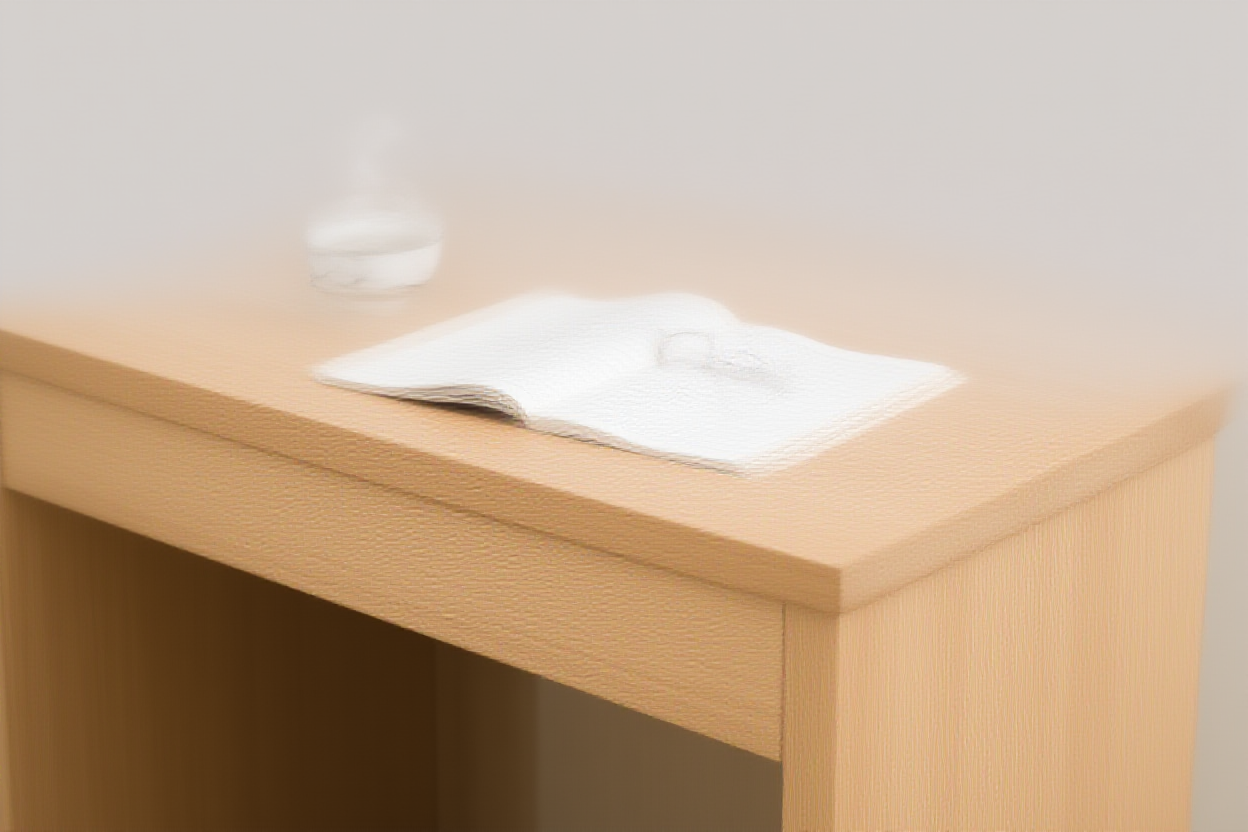 Ein aufgeräumter Holzschtisch mit einer dampfenden Tasse Kaffee, einem offenen Notizbuch mit handschriftlichen Notizen und einem Paar Brille 