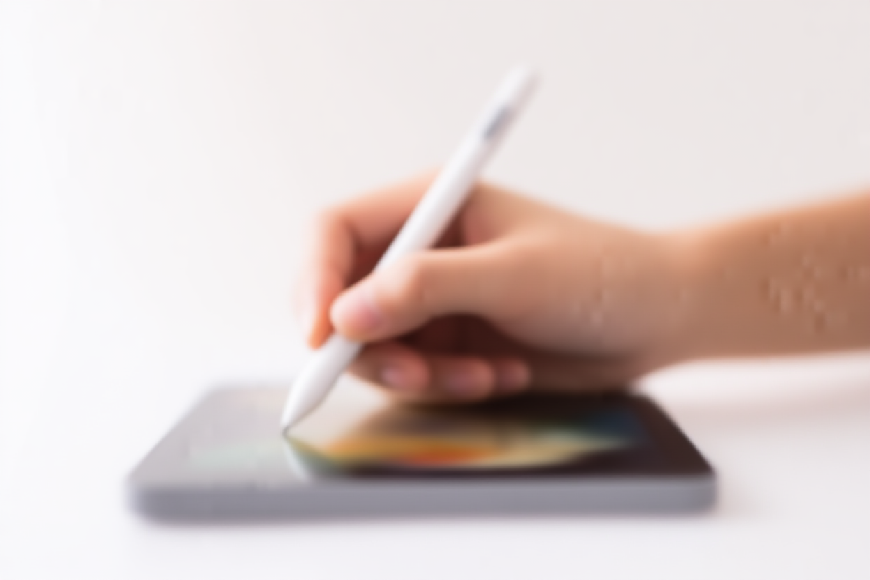 Eine Nahaufnahme einer Hand, die einen Stylus-Stift über einem Tablet hält, auf dem farbenfrohe Diagramme und Grafiken auf dem Bildschirm angezeigt werden 