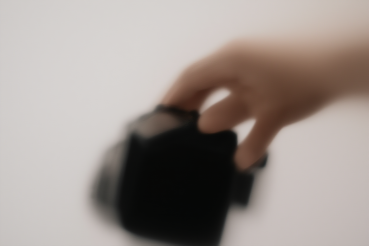 Eine Nahaufnahme einer Hand, die den Auslöserknopf an einer professionellen DSLR-Kamera drückt mit einem verschwommenen Hintergrund 