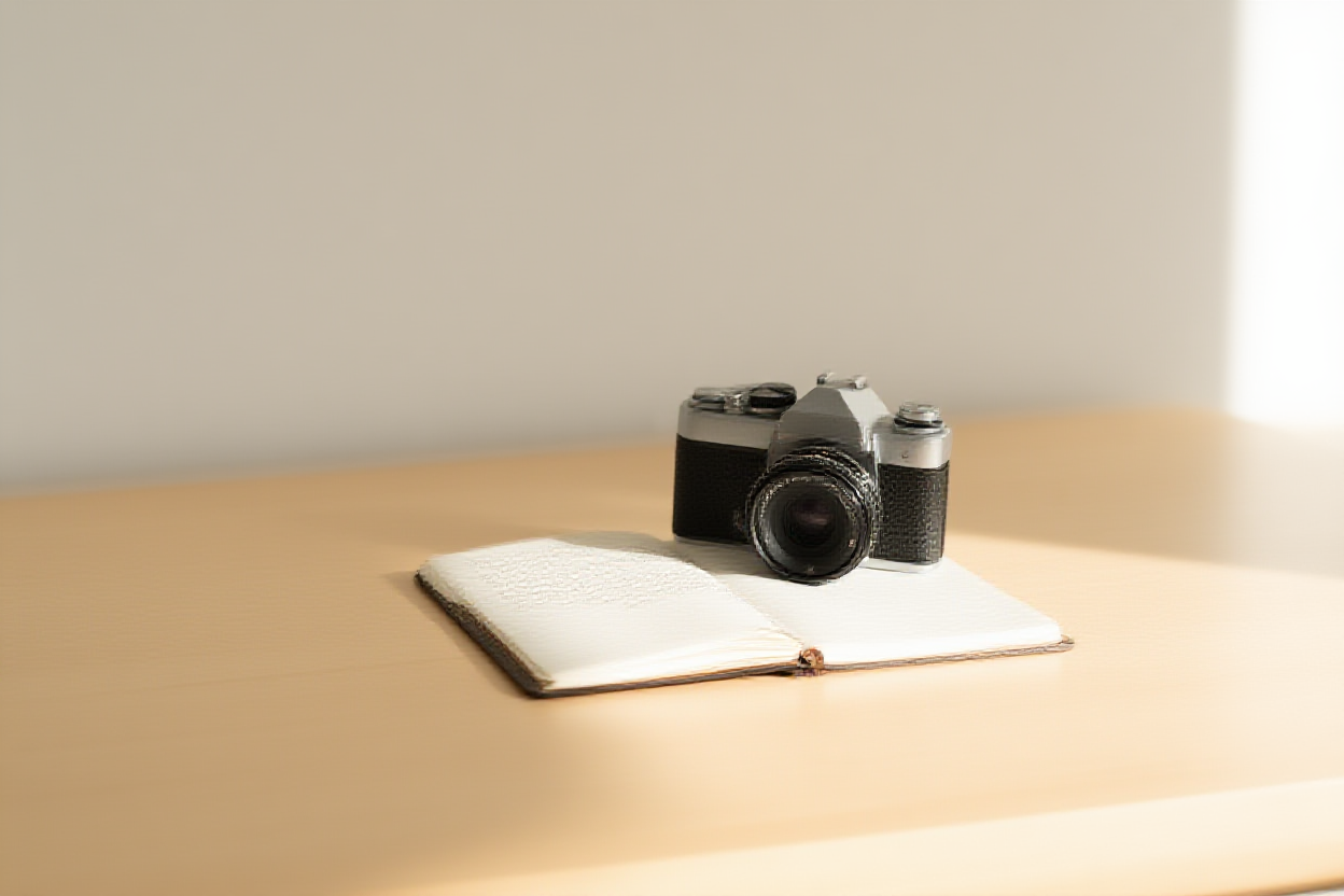 Un ambiente di lavoro ordinato con una macchina fotografica vintage appoggiata su un quaderno aperto pieno di note scritte a mano, immerso in una luce calda