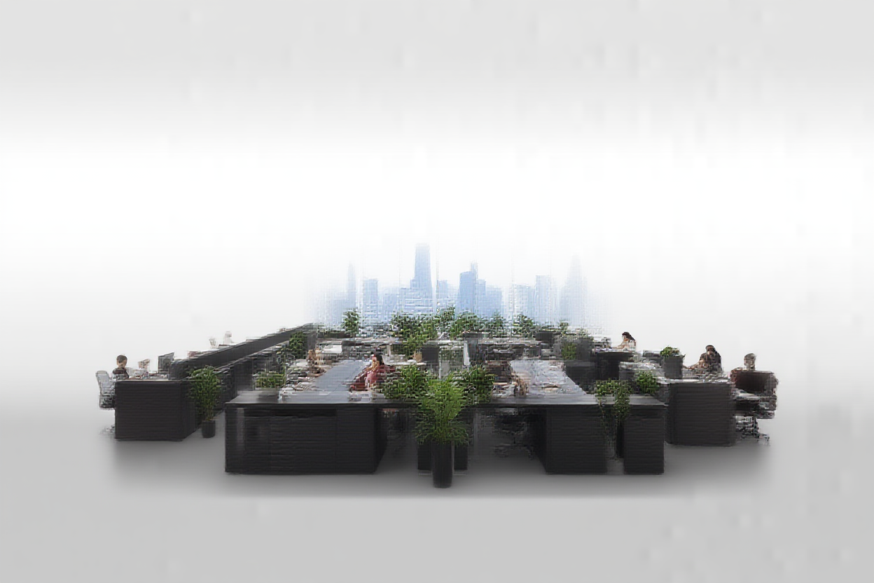Una vista ampia di un interno ufficio moderno con grandi finestre che si affacciano su uno skyline cittadino, con file di scrivanie dove le persone lavorano