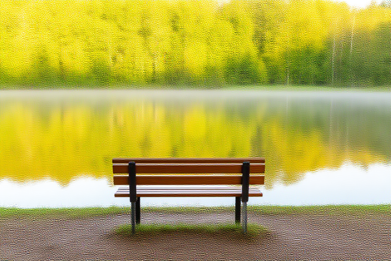 Una scena all'aperto serena con una panchina di legno posizionata vicino a un lago calmo che riflette gli alberi nei colori autunnali, nebbia leggera che sale dolcemente