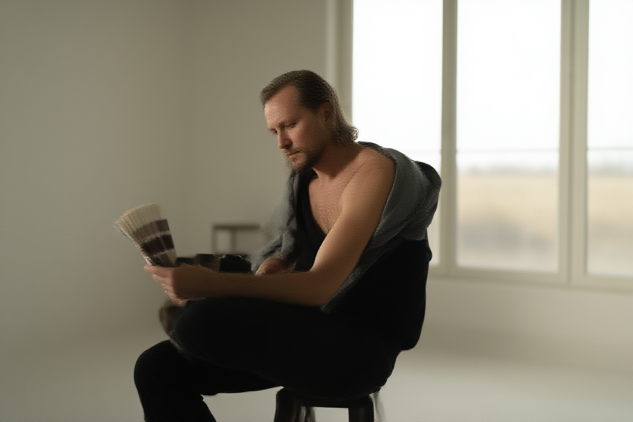 Ein Fotograf wählt sorgfältig Farbmuster aus einem physischen Fächerdeck aus, während er auf einem Hocker in einem sonnendurchfluteten Studio sitzt w