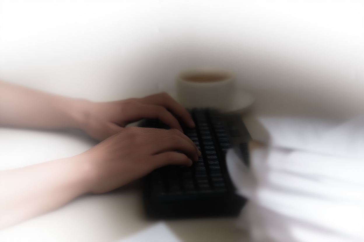 Ein Paar Hände tippt auf einer mechanischen Tastatur, mit einer Tasse Tee in der Nähe, umgeben von Stapeln gedruckter Fotoabzüge a