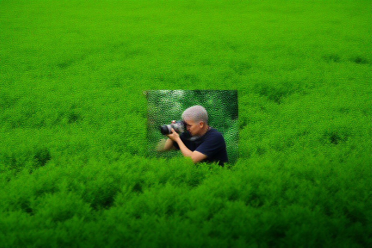 Ein Fotograf hält ein gedrucktes Foto vor einen Hintergrund aus üppigem grünen Laub und untersucht die Komposition in der Nahaufnahme