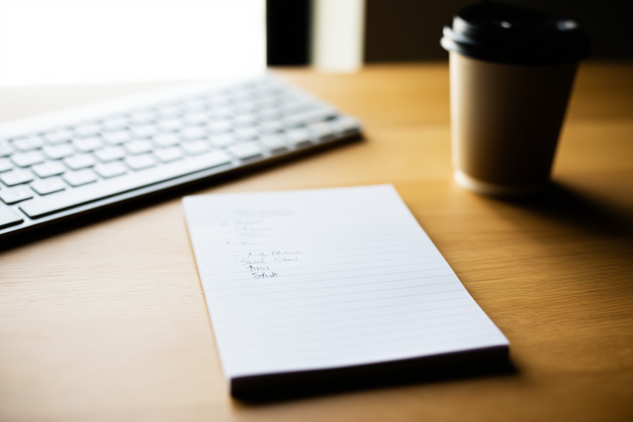 a wooden desk with a keyboard and a notepad listing stock photography keywords next to a coffee cup, soft daylight, wide