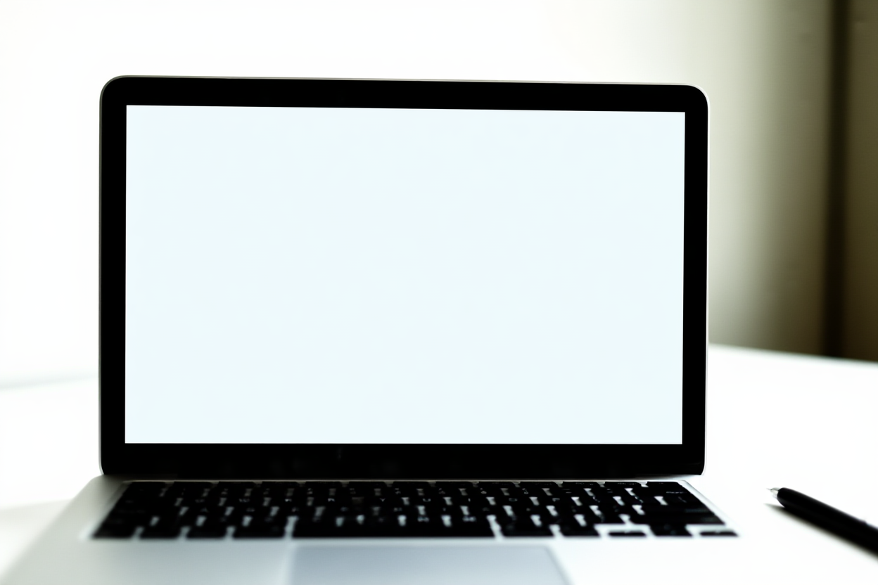 a laptop screen displaying a clean document title next to a pen on a white desk, soft natural light, wide landscape shot