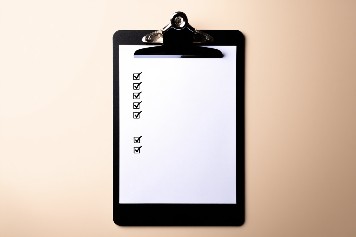 a checklist on a clipboard with checkmarks next to metadata fields like keywords and titles, soft office lighting, wide