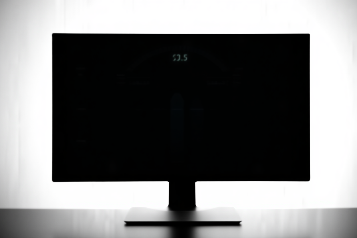 a digital dashboard displaying a score gauge and sales chart on a monitor, clean modern workspace, wide landscape shot