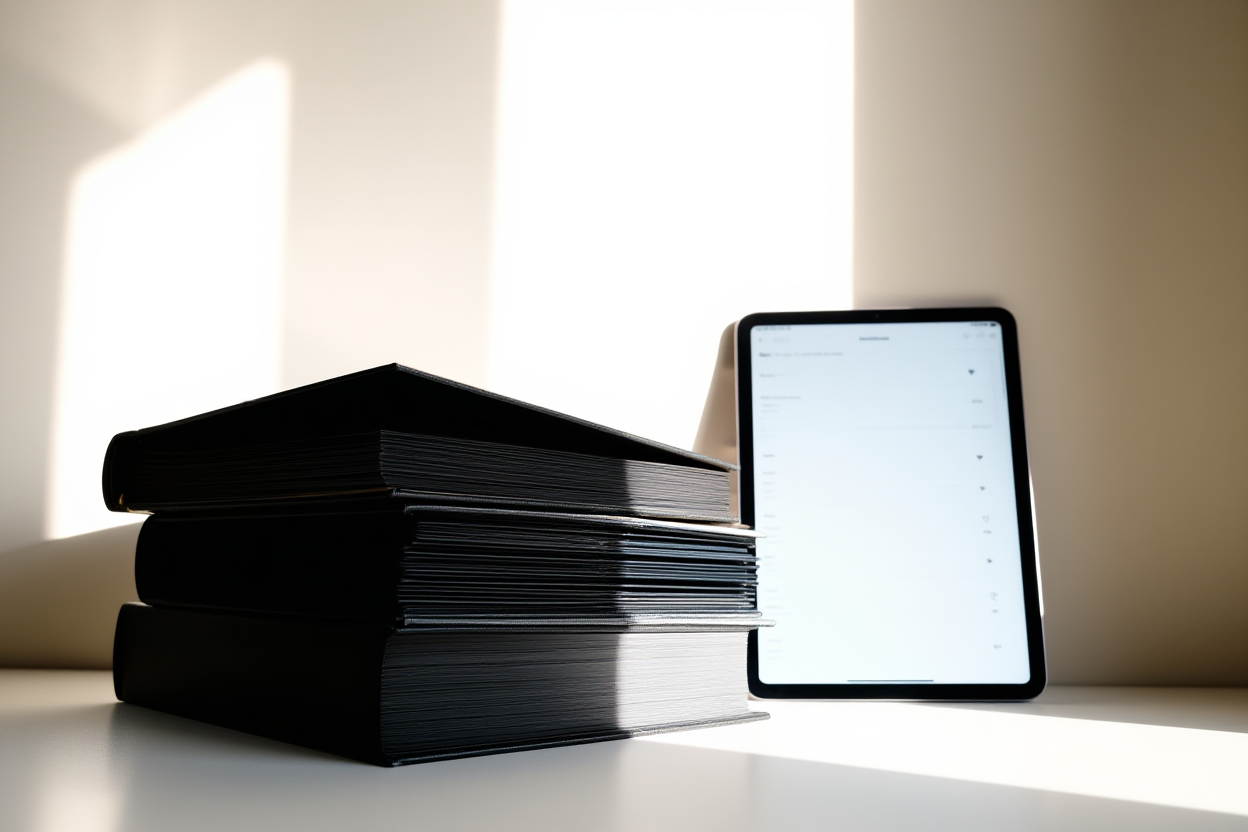 a stack of organized photo albums next to a tablet showing file counts, soft natural light, wide landscape shot