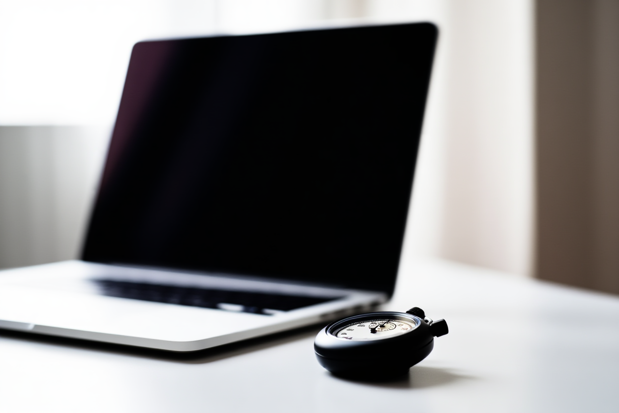 a stopwatch on a desk next to a laptop showing fast processing, soft daylight, wide landscape shot