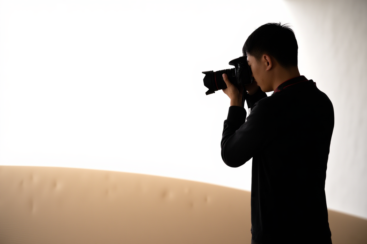 seorang fotografer menyesuaikan pencahayaan pada setup produk dengan cahaya alami lembut