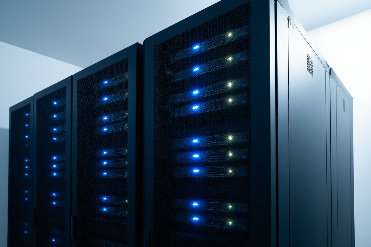 rak server dengan lampu berkedip yang mewakili pemrosesan data berkecepatan tinggi
