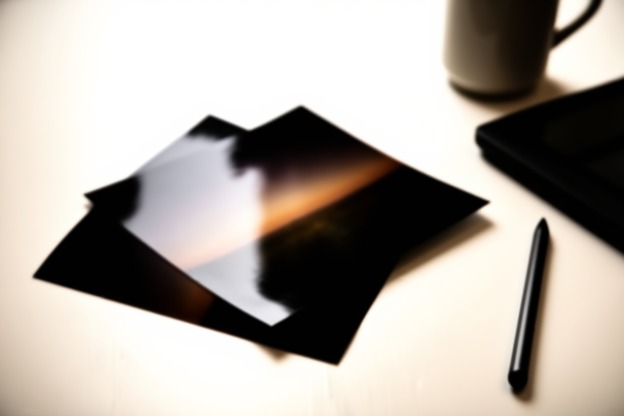 ein minimalistischer Arbeitsplatz mit einem Stapel ausgedruckter Fotos, die neben einem digitalen Stylus und einer Kaffeetasse fächerförmig ausgebreitet sind, weiches m