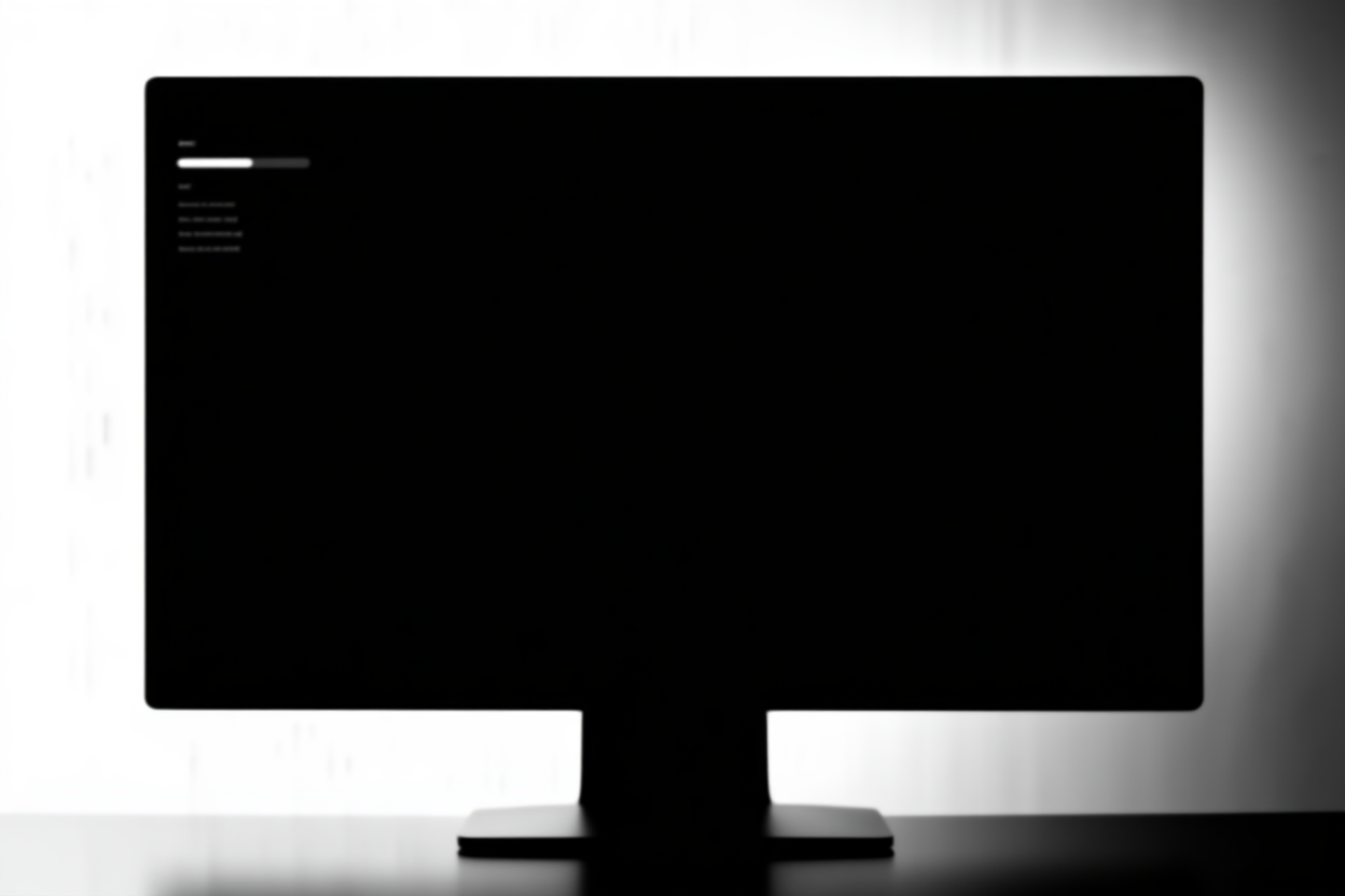 ein schlanker Desktop-Monitor, der eine schnell ladende Fortschrittsleiste und eine Keyword-Liste auf einer Dark-Mode-Oberfläche anzeigt