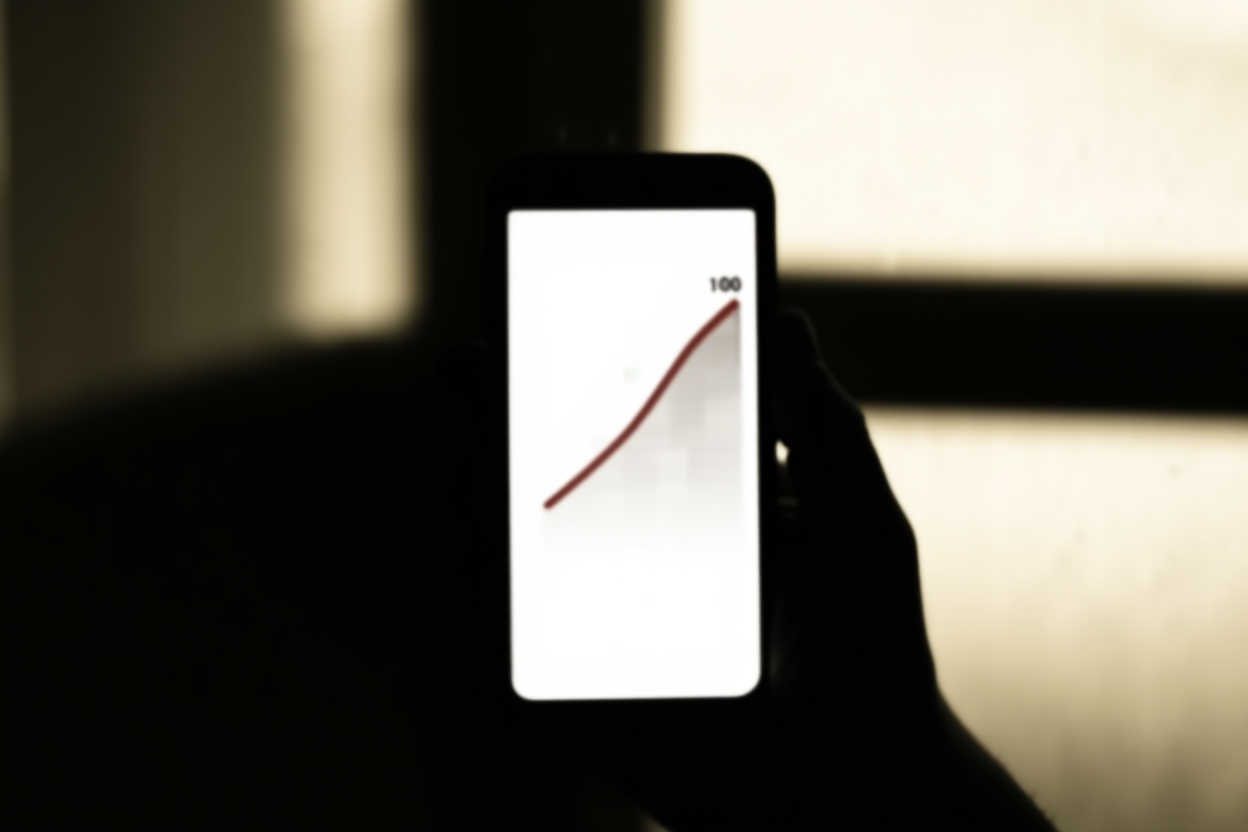 eine Hand, die ein Smartphone hält, das einen Verkaufsgraphen anzeigt, der zu einem Zielwert von 100 steigt