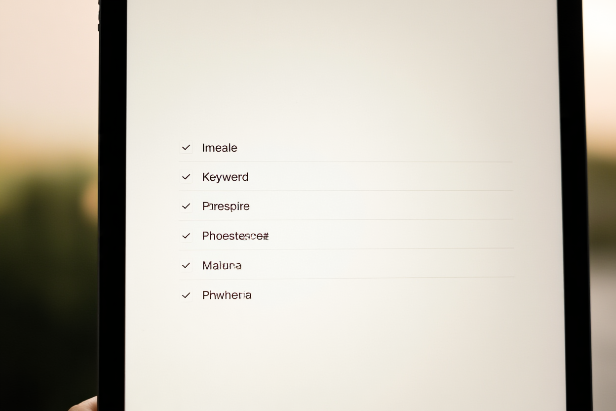 ein Tablet-Bildschirm, der eine Checkliste mit Keyword-Tags zeigt, neben jedem Element befindet sich ein Häkchen