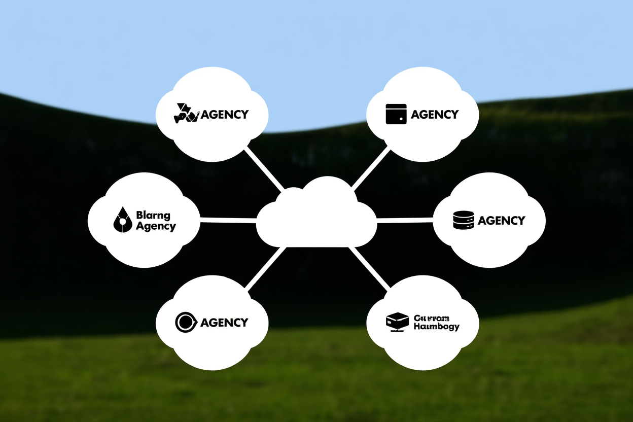 ein Netzwerkdiagramm, das mehrere Agenturlogos mit einer zentralen Cloud-Server-Symbolik verbindet