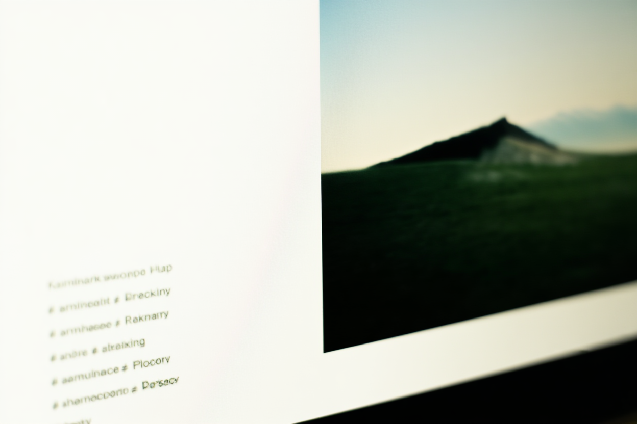 un primer plano de una pantalla de computadora que muestra etiquetas de palabras clave organizadas junto a una pila de fotografías impresas
