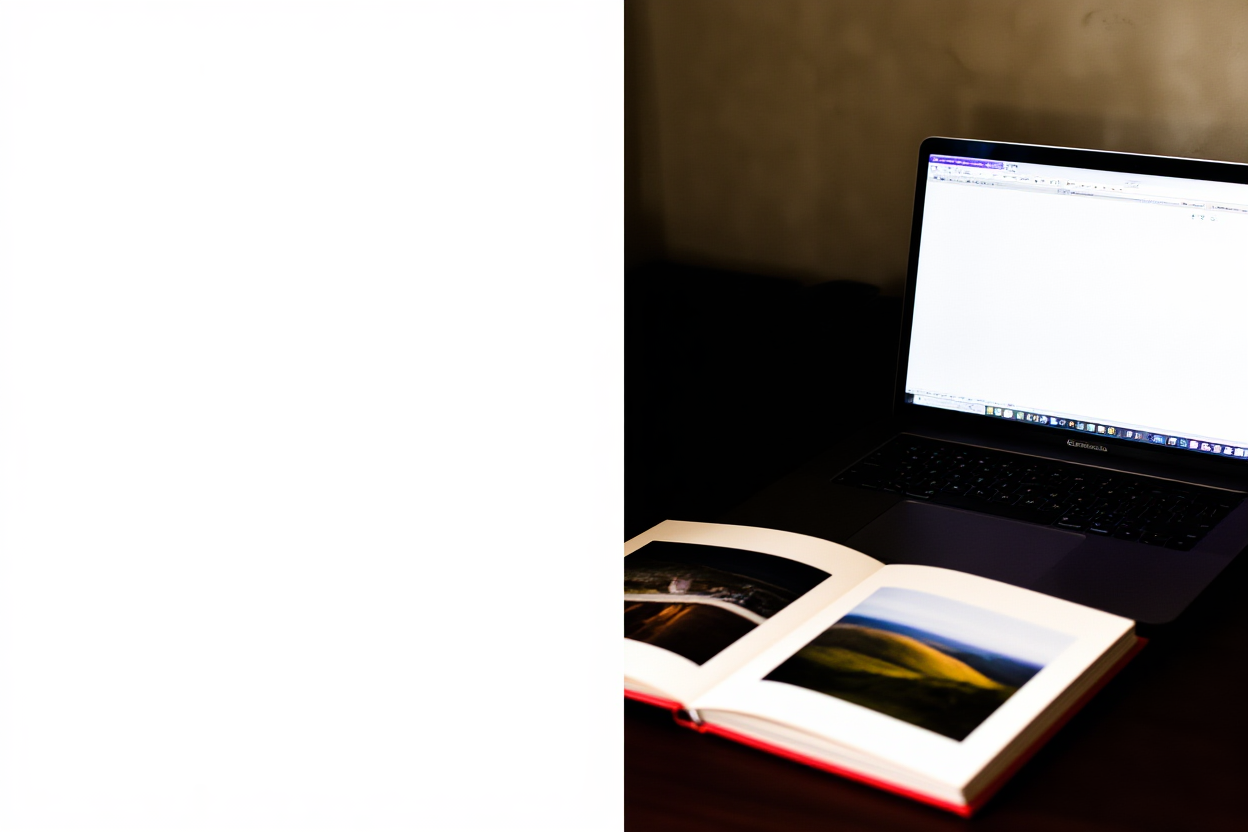 una configuración de escritorio dividida que muestra una laptop ejecutando software de metadatos de IA junto a un álbum de fotos impresas