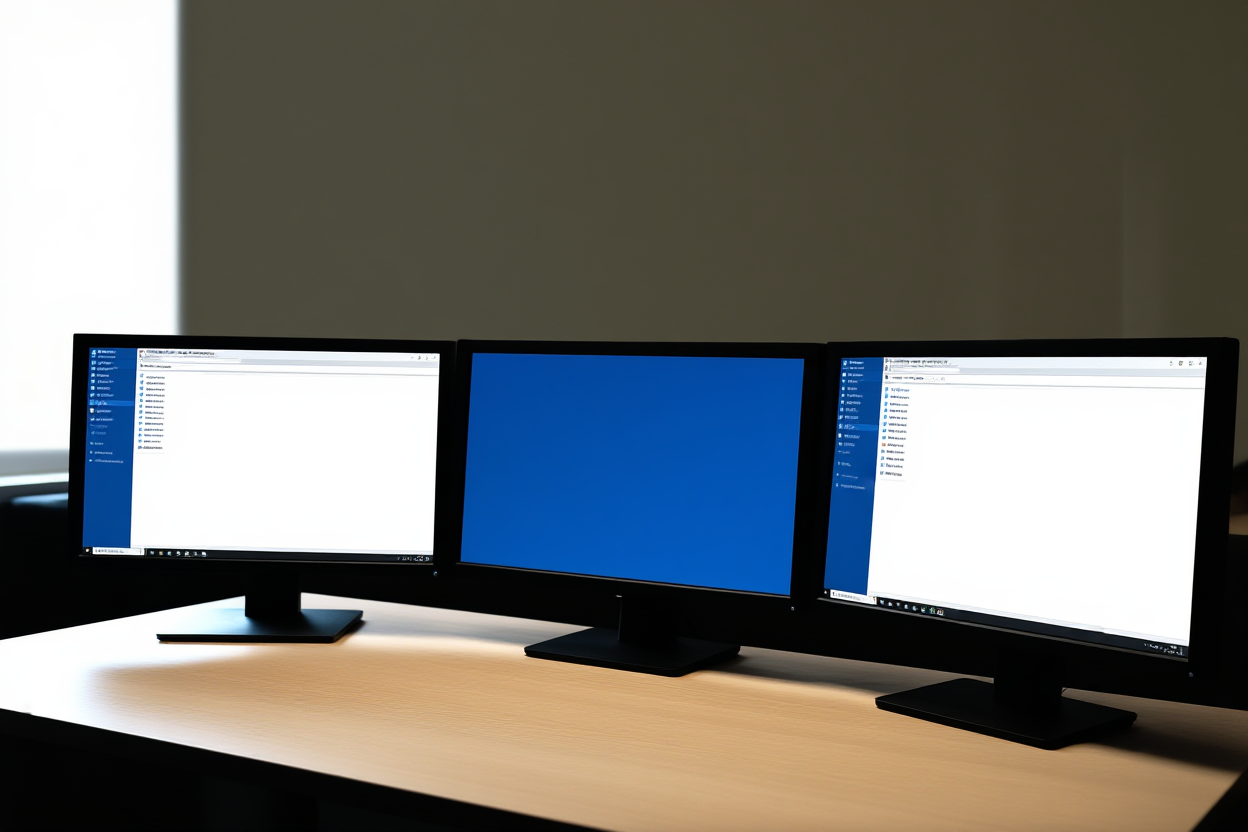 un escritorio de oficina moderno con múltiples monitores que muestran software de gestión de archivos e indicadores de conexión de red