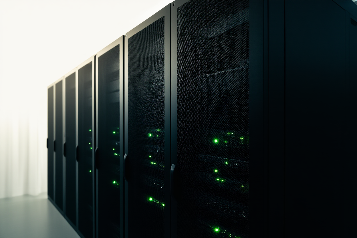 un rack de servidor de red con luces de estado brillantes que representan distribución automatizada en la nube