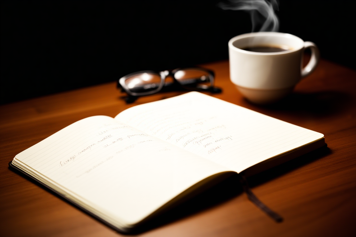 tampilan dekat meja kayu dengan buku catatan terbuka yang menunjukkan tulisan tangan di sebelah kacamata baca dan secangkir kopi panas