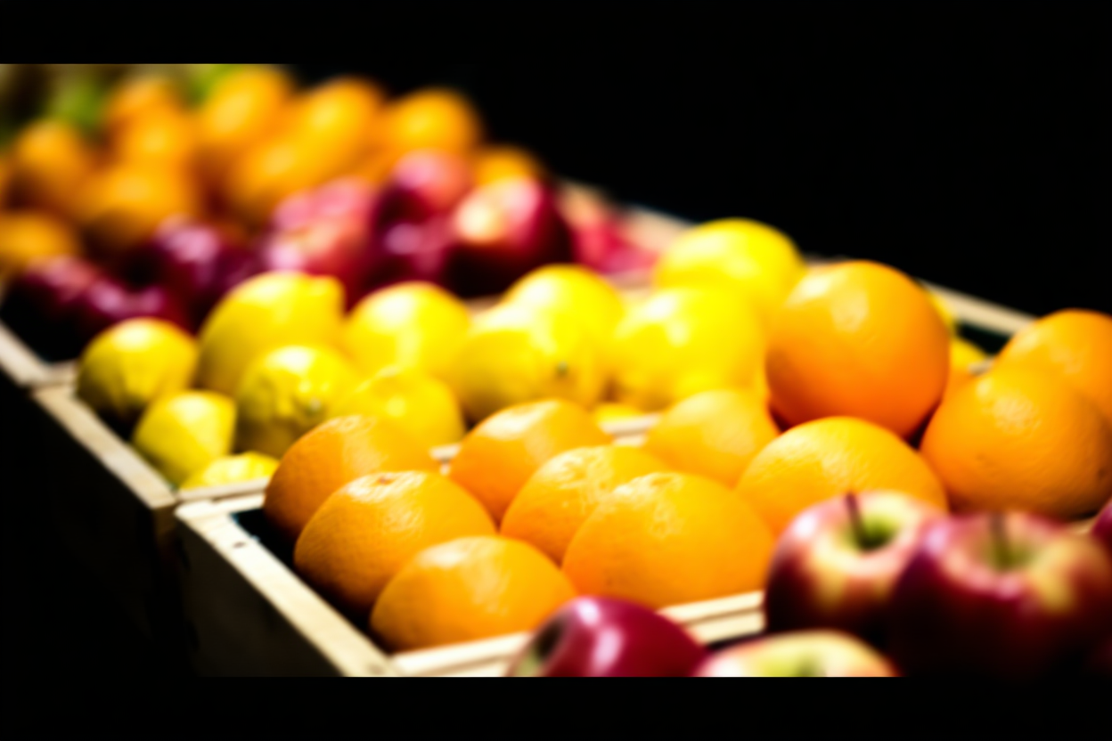 tampilan dekat kios pasar buah berwarna-warni dengan jeruk, lemon, dan apel merah yang cerah disusun dalam kotak kayu