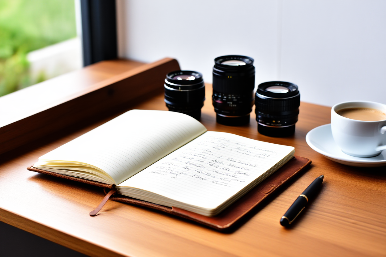 Un escritorio de madera ordenado con un cuaderno encuadernado en cuero abierto que muestra términos fotográficos escritos a mano, rodeado por vintage c
