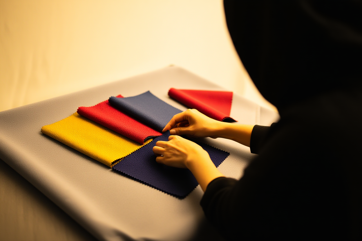 Un fotógrafo organizando muestras de tela coloridas sobre un fondo gris suave, seleccionando cuidadosamente texturas que coinciden con spec