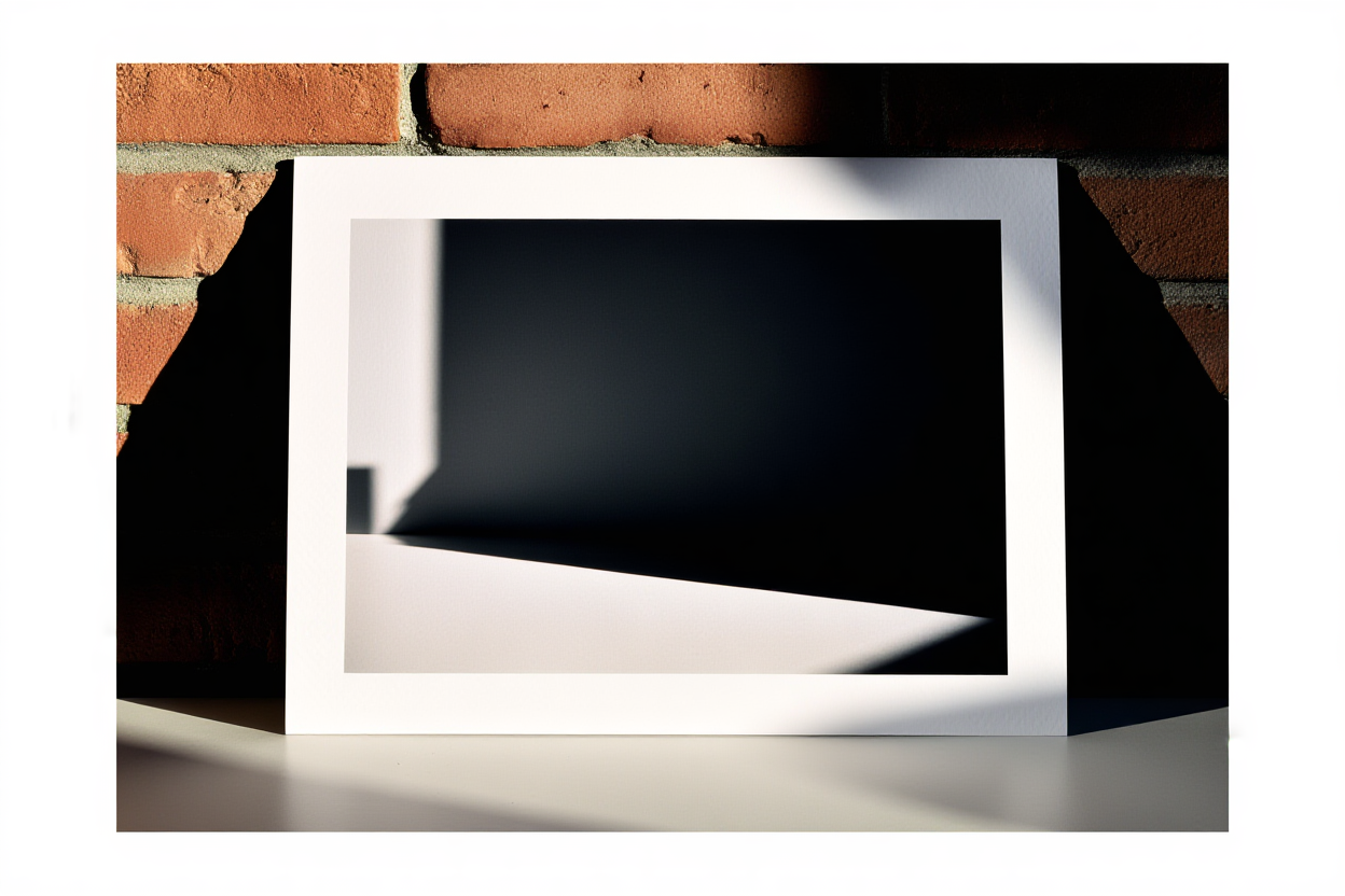 Una pila de impresiones fotográficas impresas apoyadas contra una pared de ladrillo rústica al aire libre, con la luz del sol proyectando largas sombras 