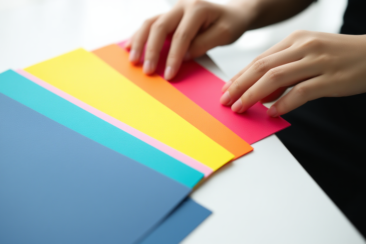 Un primer plano de fotos impresas a color de stock siendo organizadas en filas ordenadas por mano con luz natural brillante