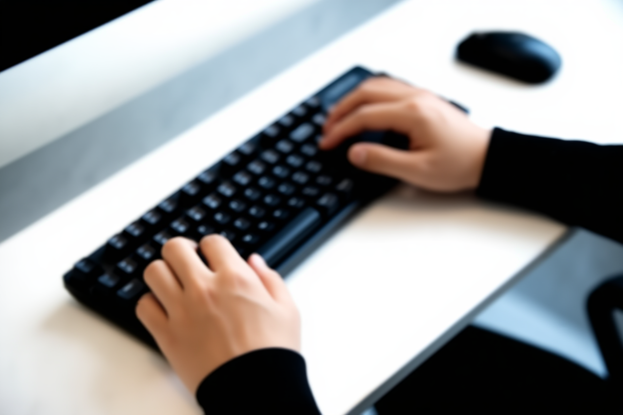Las manos de un diseñador tecleando en un teclado mecánico elegante con una taza de café cerca en un entorno de oficina moderna