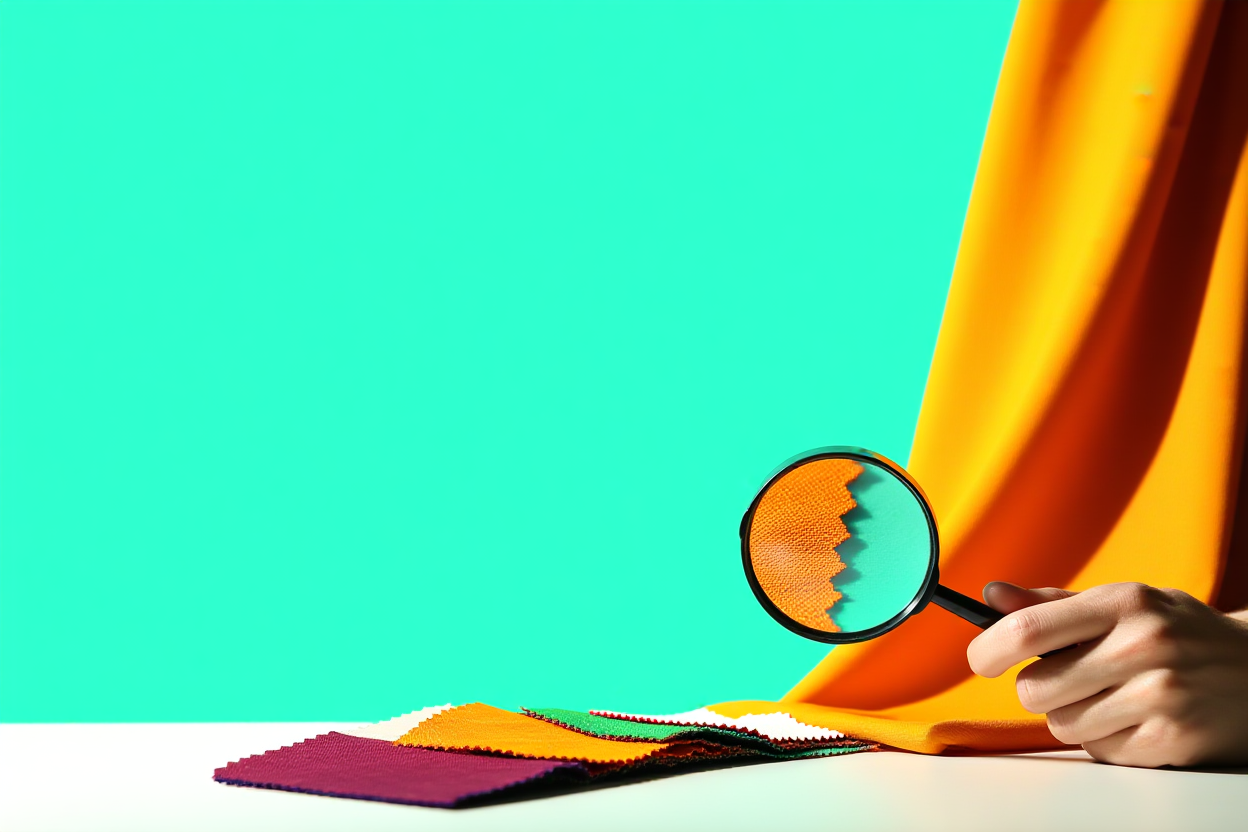 Una mano sosteniendo una lupa inspeccionando texturas detalladas en muestras de tela a color dispuestas sobre una mesa