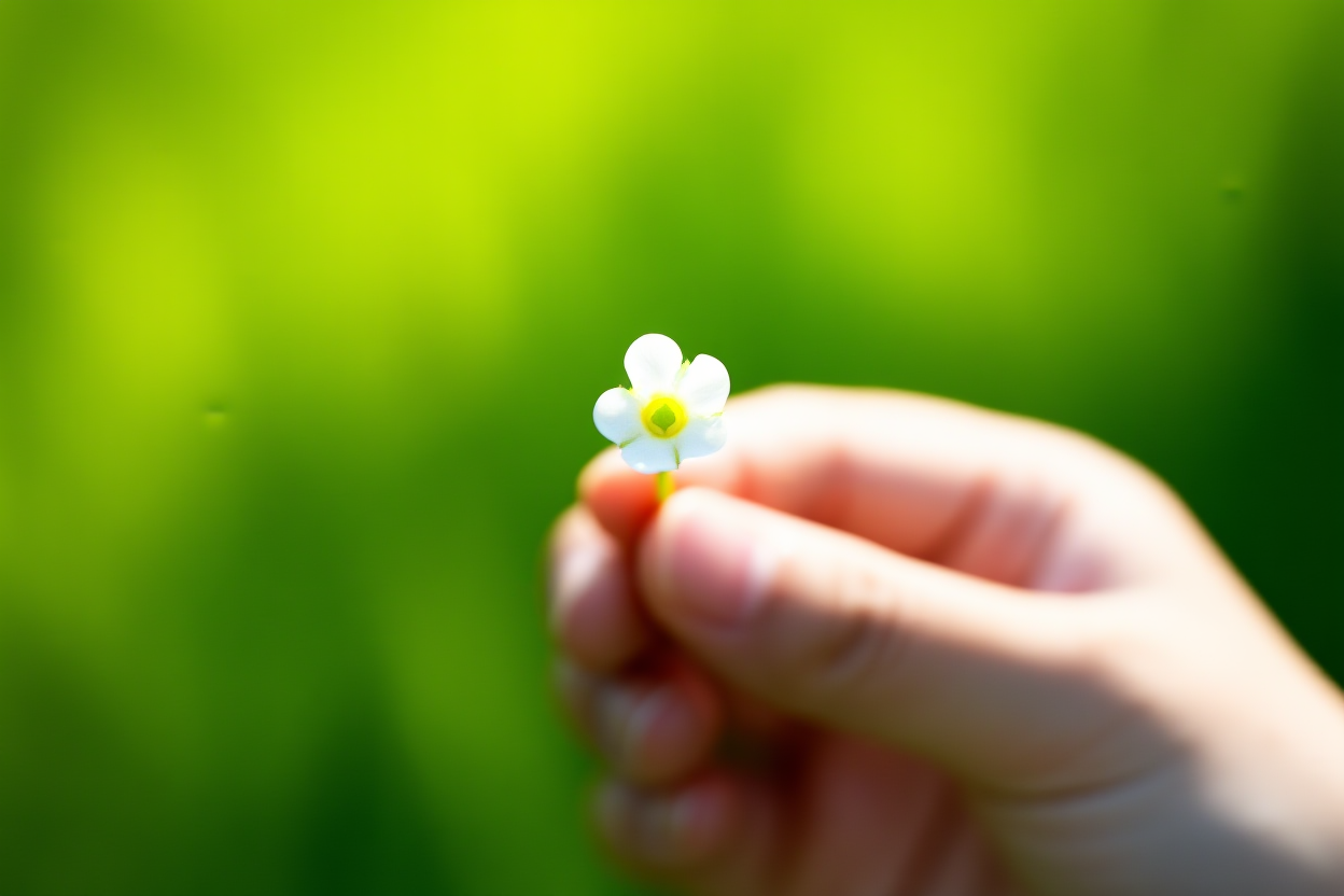 Un primo piano di una mano umana che tiene un piccolo fiore bianco contro uno sfondo verde morbido a fuoco selettivo in giardino